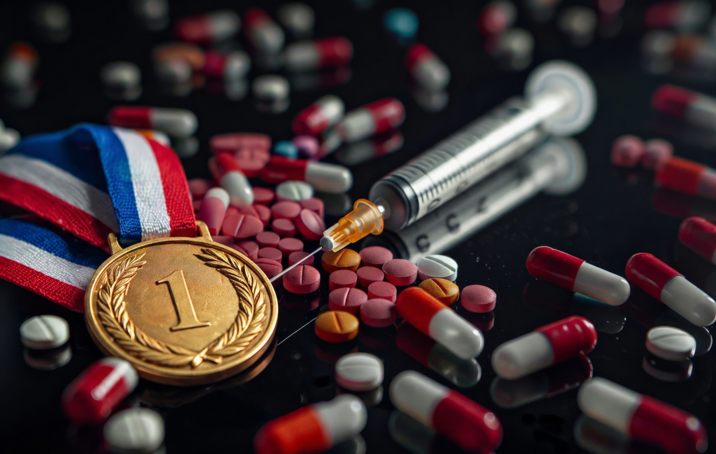 Image principale de lutte contre le dopage avec des médicaments une seringue et une médaille d'or